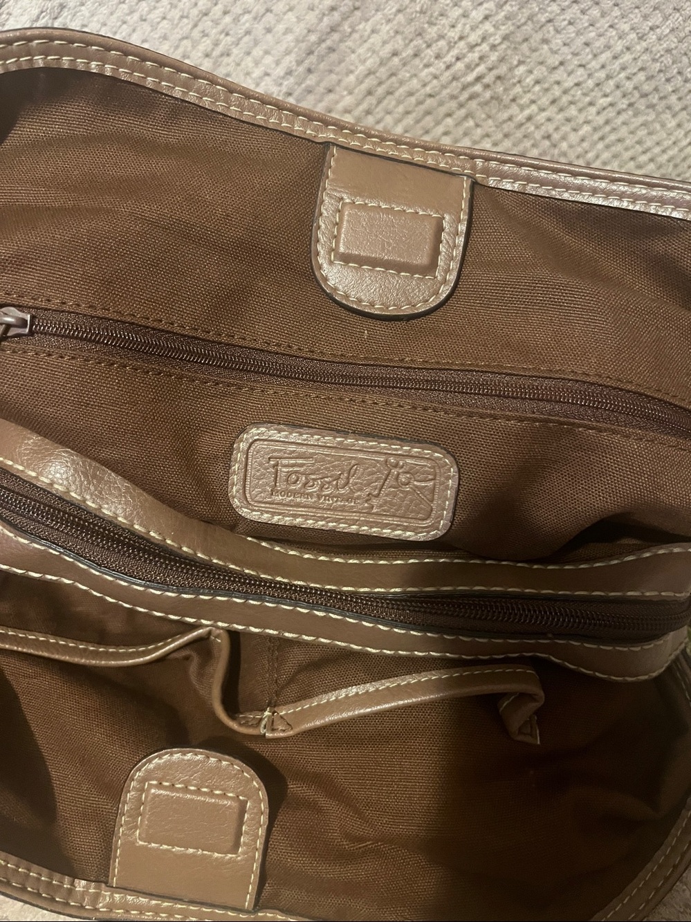 Floral Fossil Canvas Shoulder Bag with Brown Leather Handles - Picture 2 of 11